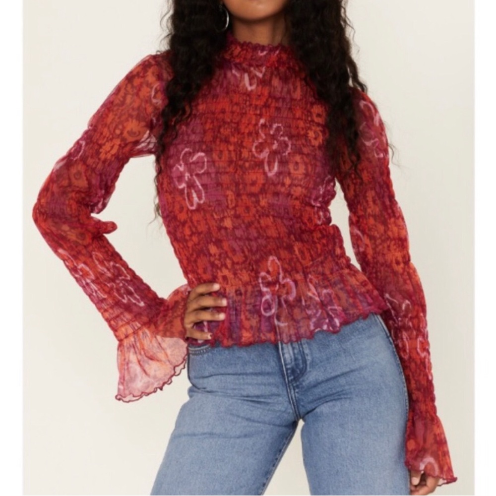 Free People Hello There Boho Colorful Pink Orange Sheer Top Size XS
